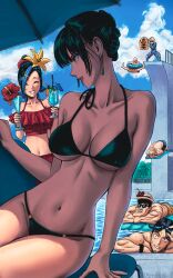  2girls 5boys absurdres bikini breasts cleavage colorized eyelashes_(one-punch_man) fubuki_(one-punch_man) genos highres king_(one-punch_man) large_breasts mountain_ape_(one-punch_man) multiple_boys multiple_girls navel one-punch_man pool saitama_(one-punch_man) sansetsukon_no_lily swimming swimsuit third-party_edit umbrella water wilwal2020 