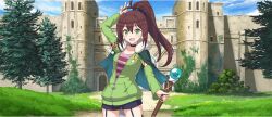  1girl :d belt black_belt black_choker black_shorts blue_sky breasts brown_hair cape choker cloud cloudy_sky collarbone cowboy_shot day fur-trimmed_cape fur_trim game_cg garter_straps grass green_cape green_eyes green_jacket hair_belt hair_between_eyes high_ponytail highres holding holding_wand jacket kono_subarashii_sekai_ni_shukufuku_wo! konosuba!_fantastic_days lean_(konosuba) light_blush long_hair looking_at_viewer medium_breasts official_art open_mouth outdoors partially_unzipped pink_shirt ponytail raccoon_tail shirt short_shorts shorts sidelocks sky smile smiley_face solo standing striped_clothes striped_shirt tachi-e tail thighhighs tree v v_over_head wand zettai_ryouiki 