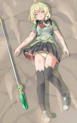  1girl absurdres ahoge alice_in_cradle black_skirt black_thighhighs blonde_hair blush brown_shoes clenched_teeth closed_eyes commentary_request dirty facing_viewer flower frilled_skirt frills full_body green_flower green_panties green_shirt grey_vest hair_between_eyes hair_flower hair_ornament highres long_hair low_twintails lying on_back original panties pleated_skirt sekira_ame shirt shoes short_sleeves skirt solo sweat teeth thighhighs twintails underwear vest 
