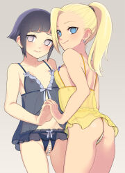  2girls aged_down ass babydoll bare_arms bare_shoulders black_babydoll black_hair black_panties blonde_hair blue_eyes blunt_bangs breasts collarbone commentary_request commission crotchless crotchless_panties earrings gluteal_fold grey_background grey_eyes highres holding_hands hyuuga_hinata jewelry lingerie loli long_hair multiple_girls naruto_(classic) naruto_(series) nipples panties pearl_thong ponytail pussy see-through_clothes short_hair shoulder_blades simple_background skeb_commission small_breasts smile ukokkei underwear yamanaka_ino yellow_babydoll yellow_panties  rating:Questionable score:303 user:danbooru