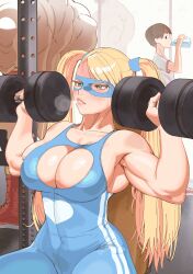  1boy 2girls absurdres blonde_hair blue_eyes blue_unitard breasts breath caprara cleavage cleavage_cutout clothing_cutout domino_mask exercising headband highres kasugano_sakura large_breasts long_hair mask multiple_girls muscular muscular_female muscular_male rainbow_mika red_headband simple_background street_fighter twintails zangief  rating:Sensitive score:26 user:danbooru