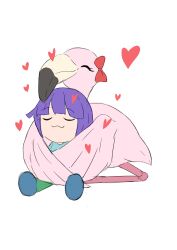  1boy :3 absurdres bird blue_shirt bow chibi child closed_eyes closed_mouth cru flamingo heart highres hug kobayashi-san_chi_no_maidragon magatsuchi_shouta on_floor purple_hair shirt simple_background sitting sketch smile  rating:General score:8 user:Flamingo123