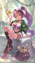  1girl backpack bag belt blue_eyes boots breasts brown_boots cleavage dark-skinned_female dark_skin green_jacket highres jacket long_hair medium_breasts momochi_momotan navel oil_lamp open_clothes open_jacket open_mouth pointy_ears ponytail purple_hair shantae shantae_(series) shorts sitting solo thigh_belt thigh_strap very_long_hair 