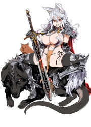  1girl ahoge animal animal_ear_fluff animal_ears arm_behind_back armor asanagi bell black_eyes black_thighhighs brown_collar candy cape chain collar dog fangs food fox_ears gauntlets greaves hair_between_eyes high_heels highres holding holding_sword holding_weapon lollipop long_hair navel open_mouth original pauldrons pink_lips pot red_cape red_eyes shoulder_armor simple_background sitting_on_animal smile spiked_collar spikes spread_legs sword tail thighhighs tongue tongue_out torn_cape torn_clothes unfinished vambraces weapon white_background white_hair wolf_tail  rating:Sensitive score:74 user:danbooru