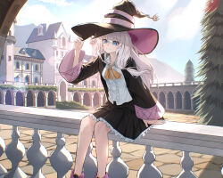  1girl absurdres adjusting_clothes adjusting_headwear arm_at_side black_cloak black_skirt blue_eyes building cloak closed_mouth day deuljjugnaljjug elaina_(majo_no_tabitabi) european_architecture feet_out_of_frame hand_on_headwear hand_up hat highres leaning_forward light_particles long_hair long_sleeves looking_at_viewer majo_no_tabitabi on_railing outdoors railing shirt sitting skirt smile solo tree white_hair white_shirt wide_sleeves witch witch_hat 
