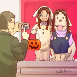  1girl 2019 2boys alexander_(fma) alexander_tucker all_fours animal artist_name blue_eyes cellphone clothed_animal derlaine dog glasses green_jacket halloween halloween_costume jacket long_brown_hair multiple_boys nina_tucker open_mouth phone shou_tucker sitting smartphone smile standing tongue tongue_out trick_or_treat  rating:General score:3 user:randomwriter391
