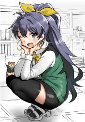  1girl animal anman_(yxwu7733) black_hair black_thighhighs blue_eyes clothed_animal collared_shirt cosplay earrings fang from_side full_body ganaha_hibiki glint green_vest hamster hamuzou highres hoop_earrings idolmaster idolmaster_(classic) indoors jewelry long_hair long_sleeves looking_at_viewer office office_lady one_eye_closed open_mouth otonashi_kotori otonashi_kotori_(cosplay) partially_colored ponytail sandals shirt solo squatting thighhighs vest white_shirt 