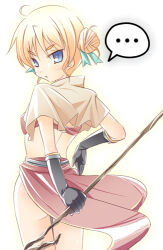  ... 1girl ahoge alternate_costume back bikini bikini_top_only black_gloves blonde_hair blue_eyes blue_ribbon blush brown_bikini brown_capelet brown_skirt capelet closed_mouth commentary_request cowboy_shot dodorz double_bun from_behind frown gloves hair_bun hair_ribbon holding holding_staff kathryne_keyron looking_at_viewer lowres mage_(ragnarok_online) ragnarok_online ribbon short_hair skirt solo spoken_ellipsis staff swimsuit underbutt 