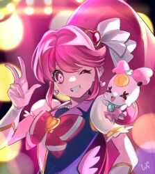  1girl aino_megumi black_vest bow brooch closed_eyes commentary_request cure_lovely earrings hair_between_eyes hair_ornament happinesscharge_precure! heart heart_brooch heart_earrings heart_hair_ornament jewelry magical_girl one_eye_closed pink_eyes pink_hair ponytail precure puffy_short_sleeves puffy_sleeves ribbon_(happinesscharge_precure!) shipu_(gassyumaron) short_sleeves signature smile upper_body v vest wide_ponytail 