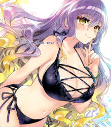  1girl arm_behind_back bead_bracelet beads bikini black_bikini blonde_hair bracelet breasts chacham commentary_request cross-laced_bikini cross-laced_clothes gradient_hair hair_between_eyes halterneck hijiri_byakuren jewelry large_breasts leaning_forward long_hair looking_at_viewer marker_(medium) multicolored_hair navel purple_hair side-tie_bikini_bottom solo sorcerer&#039;s_sutra_scroll swimsuit touhou traditional_media twitter_username very_long_hair yellow_eyes yellow_nails 