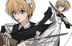  1boy blonde_hair blue_eyes chain crossdressing earrings highres hunter_x_hunter jewelry kurapika long_sleeves maid male_focus male_maid short_hair simple_background solo sword ultomato523548 upper_body weapon white_background 