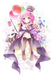  1girl :&gt; armband bad_id bad_pixiv_id ball balloon bird black_boots black_coat blush boots bow braid buttons card clown clubs coat confetti cube diamond_(shape) double-breasted dove female_focus frilled_sleeves frills gloves hair_bow hair_ornament hat head_tilt heart heart_hair_ornament highres knee_boots long_hair long_sleeves looking_at_viewer low-tied_long_hair magician mini_hat mini_top_hat original pennant pink_bow pink_hair playing_card polka_dot purple_eyes ringlets sitting skirt smile solo spade streamers string_of_flags striped tailcoat teapot top_hat tsukiyo_(skymint) twin_braids twintails vertical_stripes white_gloves white_skirt yellow_bow 