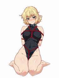  1girl arms_behind_back barefoot black_leotard blonde_hair blush breasts closed_mouth commentary covered_navel full_body green_eyes highres leotard looking_at_viewer medium_breasts mizuhashi_parsee nose_blush ootsuki_wataru pointy_ears seiza shibari shibari_over_clothes short_hair simple_background sitting solo touhou white_background 
