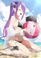 1girl ;d absurdres alternate_costume ball beach beachball bibi_(tokoyami_towa) bikini black_bikini black_nails blush_stickers bow breasts commentary_request cross cross_earrings day demon_girl demon_tail ear_piercing earrings fang fingernails foot_out_of_frame front-tie_bikini_top front-tie_top green_eyes hair_bow hair_bun highres holding holding_ball hololive jewelry leg_tattoo long_hair looking_at_viewer multi-strapped_bikini_bottom multicolored_hair navel one_eye_closed open_mouth outdoors piercing purple_hair shore single_hair_bun single_side_bun sitting sitting_on_water small_breasts smile solo stomach streaked_hair string_bikini sunlight swept_bangs swimsuit swimsuit_cover-up tail tail_ornament tail_piercing tattoo thighs tokoyami_towa uw_chanmaru virtual_youtuber wariza wet 