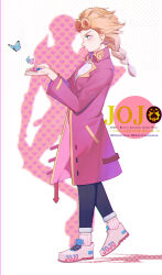  1boy 1other absurdres adapted_costume black_pants blonde_hair blue_butterfly blue_eyes braid braided_ponytail bug butterfly character_name chewing_gum chromatic_aberration coat commentary cupping_hands dimples_of_venus earrings full_body giorno_giovanna gold_experience heart high_collar highres insect jewelry jojo_no_kimyou_na_bouken ladybug logo long_hair long_sleeves male_focus own_hands_together pants pink_coat shirt shoes silhouette sneakers socks solo stand_(jojo) vento_aureo walking white_shirt white_socks wing_ornament xingchee 