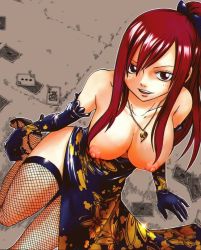 1girl breasts dress elbow_gloves erza_scarlet fairy_tail female_focus fishnets gloves high_heels jewelry large_breasts mashima_hiro necklace red_eyes red_hair thighhighs third-party_edit  rating:Explicit score:124 user:winglucario