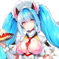  1girl :3 arm_guards aurora_(last_origin) between_breasts bikini bikini_top_only blue_eyes blush breasts chef chef_hat cleavage cleavage_cutout closed_mouth clothing_cutout covered_erect_nipples dessert dress electricity eyebrows_hidden_by_hair eyelashes female_focus food game_cg hair_between_eyes hat head_ornament head_tilt high_collar large_breasts last_origin long_hair looking_at_viewer multicolored_hair necktie necktie_between_breasts official_art pink_bikini pink_eyes pink_hair plate red_necktie revealing_clothes serving short_necktie short_sleeves sidelocks skindentation smile snowball22 star-shaped_pupils star_(symbol) streaked_hair swimsuit symbol-shaped_pupils transparent_background twintails upper_body white_hat 