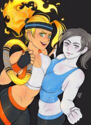  2girls abs alternate_color black_hair blonde_hair breast-to-breast breast_press breasts cleavage colored_skin crop_top fiery_hair fingerless_gloves gloves glowing glowing_hair green_eyes grey_eyes grey_hair headband highres holding_hands large_breasts lips long_hair looking_at_viewer midriff multiple_girls muscular muscular_female navel nintendo pale_skin pants player_2 pointy_ears ponytail ring_(ring_fit_adventure) ring_fit_adventure ring_fit_trainee ring_fit_trainee_(female) skindentation smile spandex sports_bra symmetrical_docking tabletorgy tan tank_top white_skin wii_fit wii_fit_trainer wii_fit_trainer_(female) yoga_pants 