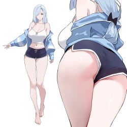  1girl absurdres alternate_costume ass blue_jacket blue_shorts breasts camisole dolphin_shorts genshin_impact grey_hair hair_over_one_eye highres jacket large_breasts long_hair low-tied_long_hair midriff multiple_views off_shoulder panties panty_peek shenhe_(genshin_impact) shorts thigh_gap underwear white_camisole white_panties yumeto_(ym-1) 