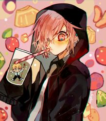  2boys black_jacket black_shirt collared_shirt cup drinking_straw food fruit hand_up jacket jibaku_shounen_hanako-kun long_sleeves looking_at_viewer male_focus minamoto_kou mitsuba_sousuke multiple_boys necktie sapphire_(nine) shirt sleeves_past_fingers sleeves_past_wrists upper_body white_necktie  rating:General score:3 user:danbooru