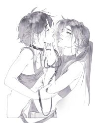  2girls bare_shoulders belt black_belt black_collar black_hair black_panties black_tank_top blowing_smoke braid cigarette closed_eyes clothes_lift clothing_cutout collar colored_tips crop_top ear_piercing forehead_jewel from_side genderswap genderswap_(mtf) genshin_impact greyscale hand_on_another&#039;s_arm highres holding holding_cigarette holding_leash leash loose_hair_strand monochrome multicolored_hair multiple_girls nicnicroute nipples off-shoulder_shirt off_shoulder open_mouth panties piercing ponytail shirt shirt_lift short_hair shoulder_cutout smoke stomach tank_top underwear venti_(genshin_impact) white_background xiao_(genshin_impact) yuri 