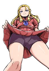  1girl bike_shorts_under_skirt blonde_hair blue_eyes braid capcom closed_mouth female_focus ikaringo_(ikaringo4444) kanzuki_karin looking_at_viewer looking_down red_skirt simple_background skirt smile solo street_fighter street_fighter_zero_(series) thighs white_background 