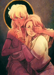  2boys aged_down alternate_costume alternate_hair_length alternate_hairstyle ameliecausse androgynous aries_muu bindi blonde_hair blue_eyes casual covering_another&#039;s_eyes dark-skinned_male dark_skin expressionless facial_mark finger_to_another&#039;s_mouth finger_to_mouth forehead_mark halo halo_behind_head hand_over_another&#039;s_eyes highres hikimayu holding_another&#039;s_wrist indian_clothes looking_at_viewer male_focus multiple_boys parted_lips saint_seiya short_hair shushing solo tunic unusually_open_eyes virgo_shaka white_tunic yaoi 