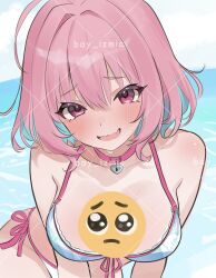 1girl ahoge aqua_hair artist_name bare_shoulders bei_(xwxx8222) belt belt_collar bikini blue_bikini blue_sky blush breasts choker cloud cloudy_sky collar collarbone color_guide colored_inner_hair day emoji fang front-tie_bikini_top front-tie_top heart-shaped_lock heart_collar highres idolmaster idolmaster_cinderella_girls idolmaster_cinderella_girls_starlight_stage large_breasts leaning_forward looking_at_viewer medium_hair multicolored_hair open_mouth outdoors pink_belt pink_choker pink_collar pink_eyes pink_hair pleading_face_emoji side-tie_bikini_bottom skin_fang sky smile solo swimsuit thighs two-tone_hair watermark wavy_mouth yumemi_riamu 