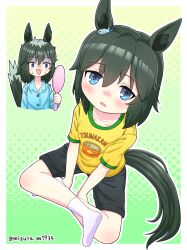  1girl age_progression aged_down alternate_hair_color animal_ears ankle_socks black_hair black_shorts blue_eyes blue_pajamas canned_tuna collarbone commentary ear_ornament fish_ornament goosebumps green_background green_hair hair_between_eyes highres holding holding_mirror horse_ears horse_girl horse_tail looking_at_viewer looking_up medium_hair mirror mizuta_m1934 multicolored_hair pajamas seiun_sky_(umamusume) shirt shorts socks stiff_tail t-shirt tail tail_raised twitter_username two-tone_hair two-tone_tail umamusume white_socks yellow_background yellow_shirt 