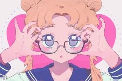  1girl :o animated animated_gif bishoujo_senshi_sailor_moon blinking blonde_hair blue_eyes blue_sailor_collar blush commentary double_bun earrings glasses hair_bun holding holding_removed_eyewear jewelry long_hair long_sleeves looking_at_viewer looping_animation open_mouth portrait sailor_collar sailor_moon school_uniform serafuku shirt solo symbol-only_commentary tsukino_usagi twintails unworn_eyewear vivinos white_shirt 