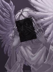  1boy big_mouth feathered_wings gabriel_(mandela_catalogue) greyscale hands_on_own_face highres long_fingers long_hair looking_at_viewer male_focus mandela_catalogue monochrome rectangle robe salute solo stray_hair teeth tomtit_bird upper_body very_big_eyes vulcan_salute white_hair white_robe wide_sleeves wings wrinkled_skin zoom_layer 