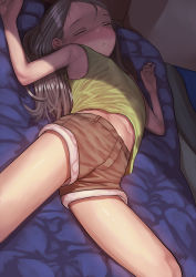  1girl absurdres arched_back blush chiaki_(kono_ko_shirimasenka?) closed_eyes female_focus green_shirt green_tank_top grey_hair highres indoors loli lying navel on_back on_bed original parted_lips shadow shirt short_shorts shorts sleeping sleeveless solo tank_top tearontaron  rating:Sensitive score:375 user:ponekad