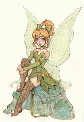  1girl blonde_hair blue_eyes disney_fairies_(movie_series) dress fairy fairy_wings green_dress highres kuridel ponytail simple_background smile solo tinker_bell_(disney) traditional_media wings 