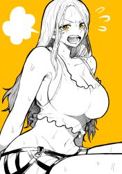  1girl absurdres armpits breasts commentary_request crop_top eyelid_piercing face_piercing flying_sweatdrops greyscale_with_colored_background groin highres jewelry_bonney large_breasts lipstick long_hair makeup midriff monochrome navel one_piece open_mouth piercing sideboob simple_background solo spot_color sweat teeth yellow_background yellow_eyes yotsumi_shiro 