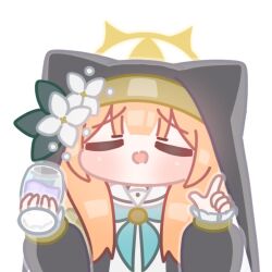  1girl animal_ears blue_archive blunt_bangs blush chibi closed_eyes coif commentary cup cupping_glass doyagao dress drinking_glass flower frilled_sleeves frills halo hands_up hat hat_flower holding holding_cup horuhara long_hair long_sleeves mari_(blue_archive) neckerchief no_nose open_mouth puffy_long_sleeves puffy_sleeves raised_eyebrows smug solo white_flower wine_glass yellow_halo 