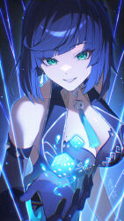  1girl bare_shoulders blue_background blue_hair bob_cut bracelet breasts cleavage commentary_request dice earrings elbow_gloves floating floating_object genshin_impact gloves green_eyes grin hand_up highres hydrokinesis jewelry large_breasts looking_at_viewer mole mole_on_breast neck_tassel no_jacket revision short_hair single_elbow_glove smile so_zei_tama_tama solo upper_body water yelan_(genshin_impact) 