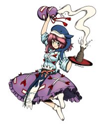 1girl animal_hat animal_print apron blue_apron blue_hat blue_shirt breasts choko_(cup) cross-laced_clothes cup fish_print frilled_skirt frilled_sleeves frills full_body giantcavemushroom gourd green_eyes hat highres holding holding_tray long_sleeves lotus_eaters ofuda ofuda_on_clothes okunoda_miyoi pink_hair purple_skirt shirt simple_background skirt sleeves_rolled_up small_breasts socks solo tabi touhou tray whale_hat whale_print white_background white_socks 