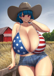  1girl absurdres american_flag american_flag_bikini american_flag_print bare_shoulders bikini blue_hair blue_sky blush breasts cleavage cloud collarbone commentary cowboy_hat cowboy_shot curvy day earrings english_commentary erkaz farm flag_print flag_print_bikini fourth_of_july gigantic_breasts hairband hat highres huge_breasts jewelry large_breasts looking_at_viewer medium_hair navel original outdoors print_bikini print_swimsuit red_eyes rina_atherina rural scenery short_hair sky smile solo swimsuit thighs united_states white_hairband 