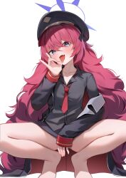  1girl absurdres armband barefoot between_legs black_hat black_jacket black_shirt black_skirt blue_archive blue_halo breasts collarbone collared_shirt fang fellatio_gesture fluffy_hair grey_eyes hair_between_eyes halo hand_between_legs hand_to_own_mouth hat highres iroha_(blue_archive) jacket long_hair long_sleeves looking_at_viewer loose_necktie military_hat military_jacket necktie off-shoulder_jacket off_shoulder open_mouth panties panty_peek peaked_cap red_armband red_hair red_necktie shirt shuvi_(shuvi1125) skin_fang skirt small_breasts solo squatting thighs tongue tongue_out underwear very_long_hair white_background 