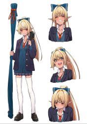  1girl black_footwear blazer blonde_hair bow closed_eyes dark-skinned_female dark_elf dark_skin document_tube elf full_body grin hair_bow highres hololive jacket long_hair long_sleeves looking_at_viewer mikan_(chipstar182) multiple_views necktie open_clothes open_jacket pleated_skirt pointy_ears ponytail red_eyes red_neckwear school_uniform shaded_face shiranui_flare simple_background skindentation skirt smile standing thighhighs upper_body virtual_youtuber weapon_bag white_background white_thighhighs zettai_ryouiki 