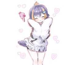  1girl animal_hood black_hair black_hoodie black_shorts blonde_hair blush closed_eyes fish_hair_ornament folded_ponytail food hair_between_eyes hair_ornament highres hood hoodie huwainu_0u0 ice_cream light_smile miniskirt multicolored_hair nijisanji nijisanji_en penguin_girl penguin_hood penguin_tail petra_gurin petra_gurin_(1st_costume) short_hair shorts skirt sleeves_past_fingers sleeves_past_wrists tail two-tone_hoodie white_hoodie 
