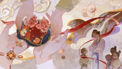  2boys 2girls absurdres artist_request blue_bow bow brown_background brown_hair brown_hanfu child chinese_clothes closed_eyes closed_mouth collarbone commentary copyright_name cowboy_shot english_commentary expressionless flower giving hair_bun hair_tie hand_fan hands_on_own_chest hanfu head_tilt highres holding holding_fan infinity_nikki layered_sleeves light_particles logo long_hair long_sleeves looking_at_another low_twintails miss_bai_(infinity_nikki) multiple_boys multiple_girls nikki_(series) official_art official_wallpaper own_hands_together pink_flower puffy_long_sleeves puffy_sleeves purple_hanfu red_ribbon ribbon ribbon-trimmed_sleeves ribbon_trim robe second-party_source short_over_long_sleeves short_sleeves short_twintails single_hair_bun topknot tuanshan twintails two-tone_background updo upturned_eyes waist_bow white_background white_hanfu white_robe white_sleeves xiangyun 
