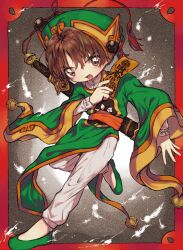  1boy bell border brown_eyes brown_hair cardcaptor_sakura green_hat green_shoes hat holding_ofuda jingle_bell li_syaoran long_sleeves male_focus open_mouth red_border shoes short_hair solo wide_sleeves zudzuki 