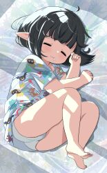  1girl :3 bare_legs barefoot black_hair closed_eyes closed_mouth commentary_request drooling final_fantasy final_fantasy_xiv full_body highres lalafell loli panties pointy_ears print_shirt saliva shelldy shirt short_hair short_sleeves sleeping solo sugar_riot underwear white_panties 