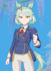  1girl animal_ears aqua_hair ascot blue_jacket blue_vest blunt_ends bow braid clenched_hand closed_mouth cloud collared_shirt commentary crown_braid ear_bow fujimasa_march_(umamusume) gold_trim highres horse_ears horse_girl horse_tail jacket long_sleeves looking_at_viewer mixed-language_commentary multilingual_commentary open_clothes open_jacket orange_eyes outdoors oyuharuo pants red_ascot shirt short_hair sky solo standing tail tree umamusume umamusume:_cinderella_gray vest white_pants white_shirt 