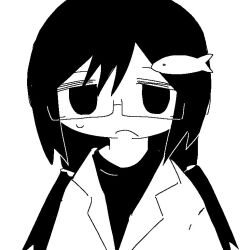  1girl 7nenasai black_eyes black_hair black_shirt glasses hair_between_eyes hair_ornament hairpin lab_coat looking_at_viewer shimeji_simulation shirt solo sweatdrop tsukishima_mina tsukishima_shijima&#039;s_sister white_background 
