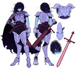  1other :| armor black_bodysuit blue_hair blue_skin bodysuit bodysuit_under_clothes breastplate cape closed_mouth colored_skin deltarune full_body greaves highres holding holding_sword holding_weapon im_vess kris_(deltarune) multiple_views other_focus pauldrons purple_cape reference_sheet shaded_face short_hair shoulder_armor simple_background standing sword torn_cape torn_clothes weapon white_background 