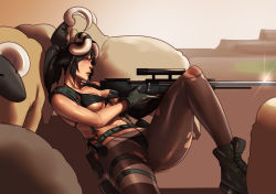  1girl animal_ears bikini black_hair borrowed_character breasts brown_hair cosplay female_focus front-tie_bikini_top front-tie_top glowing glowing_eyes gun highres horns john_doe_(jdart) md5_mismatch metal_gear_(series) metal_gear_solid_v metal_gear_solid_v:_the_phantom_pain original pantyhose pantyhose_under_swimsuit ponytail quiet_(metal_gear) quiet_(metal_gear)_(cosplay) reclining red_eyes resized resolution_mismatch rifle sheep sniper_rifle solo source_smaller suspenders swimsuit thigh_strap torn_clothes torn_legwear upscaled weapon 