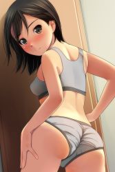  1girl absurdres ass bare_arms bare_shoulders black_hair blush bra breasts brown_eyes closed_mouth from_behind grey_bra grey_panties hair_between_eyes hand_on_own_hip highres long_hair looking_at_viewer looking_back matsunaga_kouyou nose_blush original panties small_breasts smile solo training_bra underwear underwear_only  rating:Sensitive score:191 user:danbooru