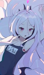  1girl absurdres ahoge arm_up big_hair black_horns blue_archive blue_one-piece_swimsuit character_name collarbone covered_navel demon_girl demon_wings e_li_(77864296) flat_chest hair_between_eyes hair_ornament hair_over_shoulder hairclip hand_up highres hina_(blue_archive) hina_(swimsuit)_(blue_archive) horns jewelry long_hair low_wings mini_wings multiple_horns name_tag necklace official_alternate_costume official_alternate_hairstyle old_school_swimsuit one-piece_swimsuit open_mouth pink_background purple_eyes purple_wings school_swimsuit simple_background solo sweatdrop swimsuit very_long_hair water_drop wavy_hair whistle whistle_around_neck white_hair wings 
